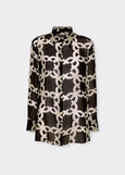 Front view of plus size Elena Miro Monogram Print Long Sleeve Shirt in Monogram Black