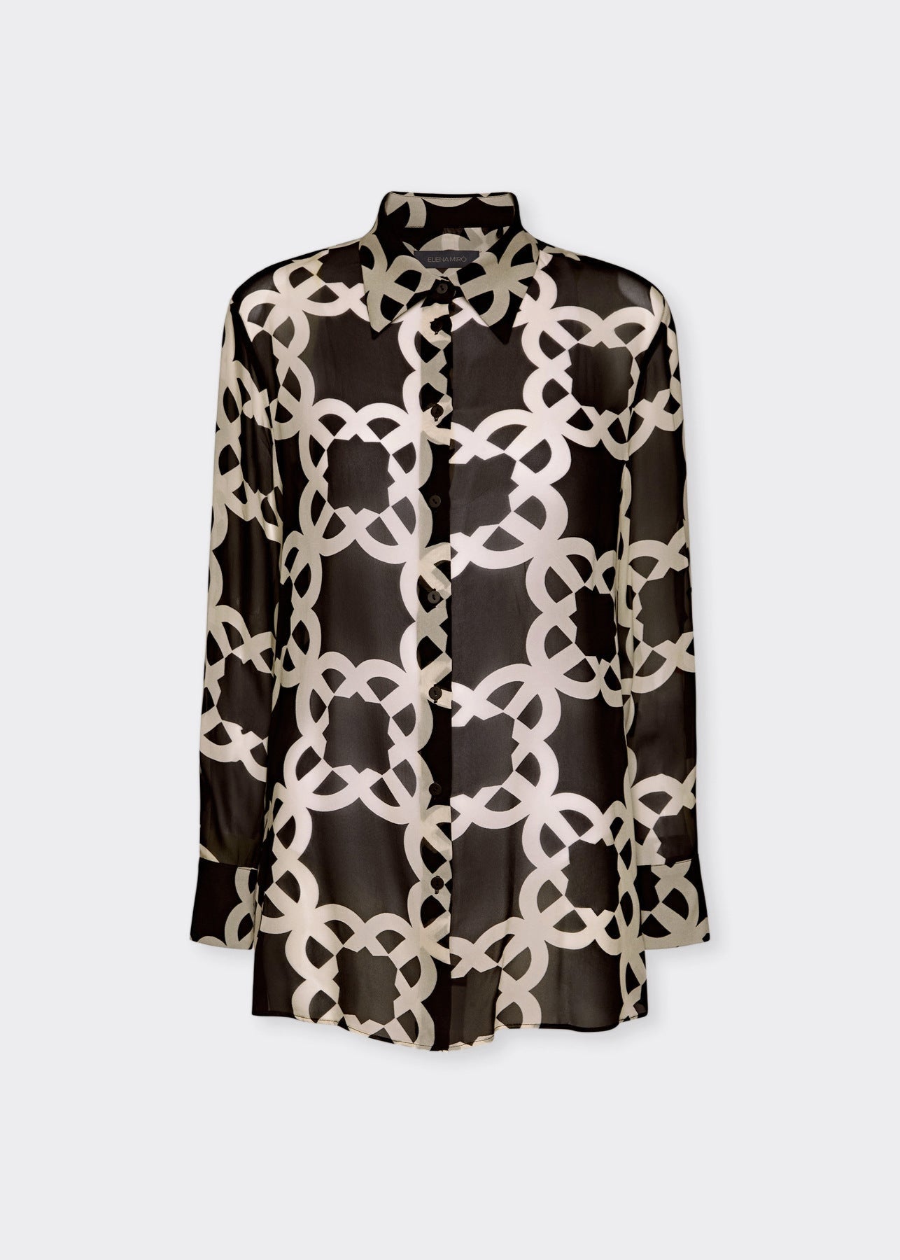 Front view of plus size Elena Miro Monogram Print Long Sleeve Shirt in Monogram Black