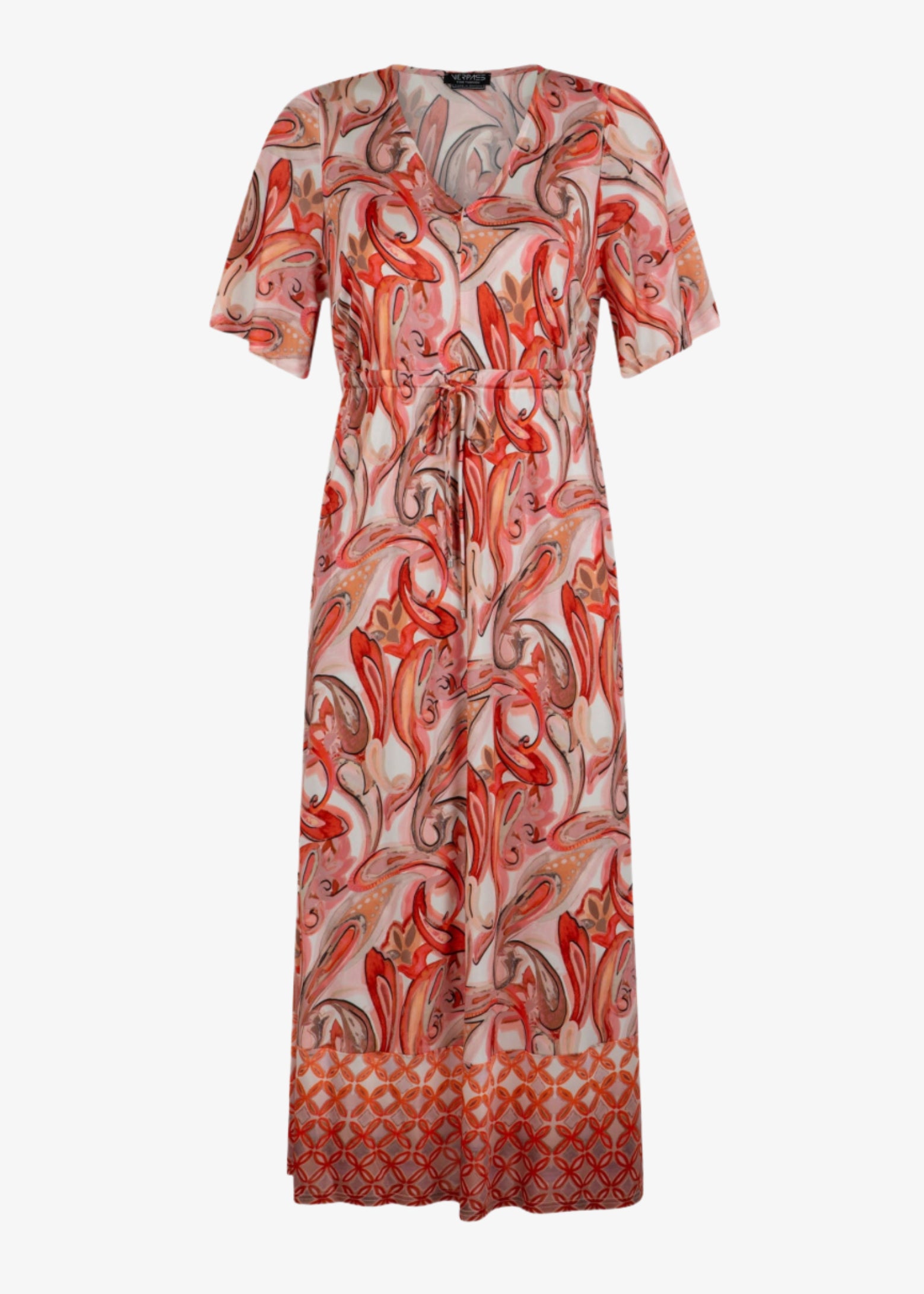 front view of Verpass plus size paisley print drawstring Waist long Dress in Coral Print