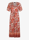 front view of Verpass plus size paisley print drawstring Waist long Dress in Coral Print