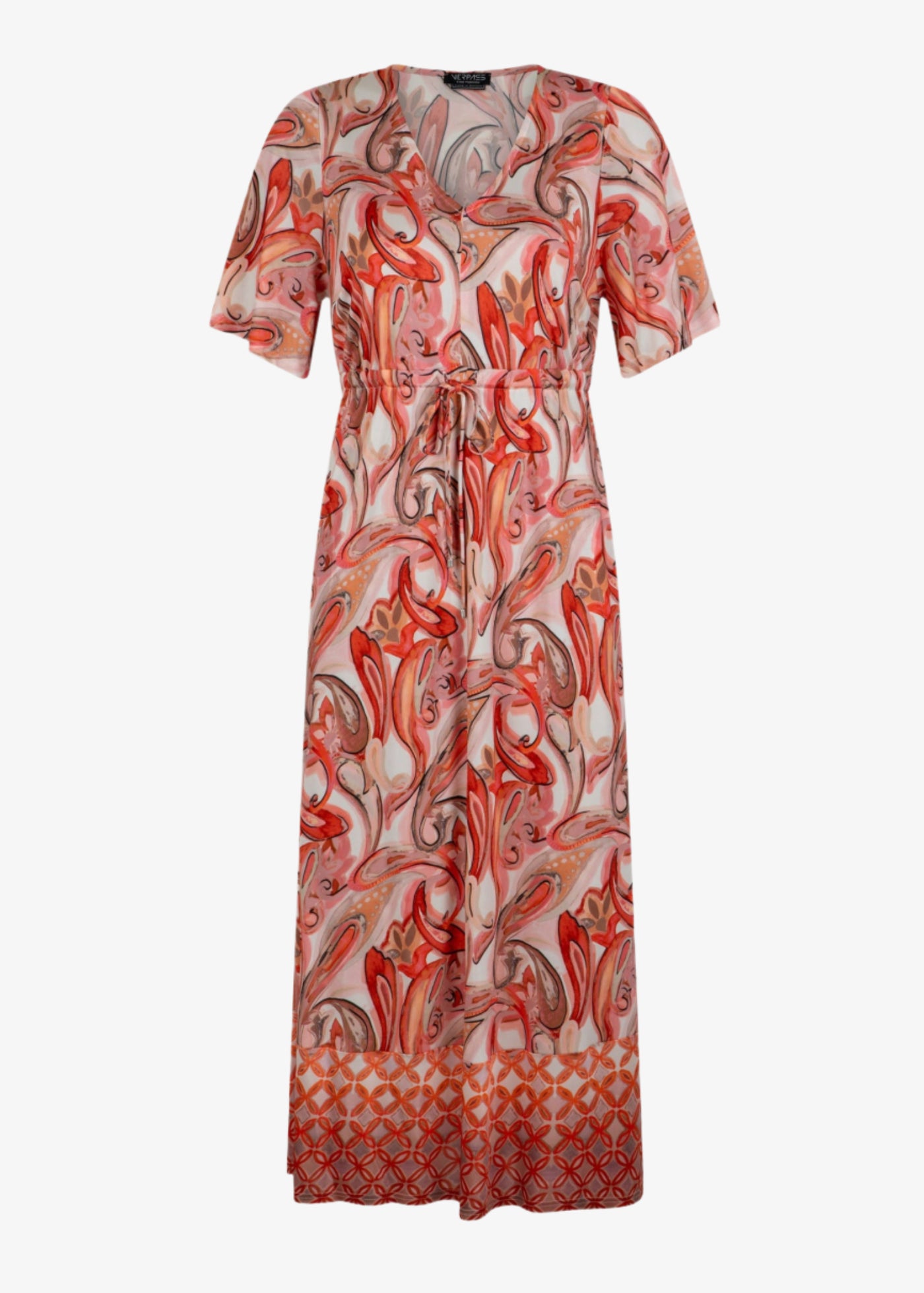 front view of Verpass plus size paisley print drawstring Waist long Dress in Coral Print