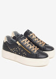 Nero Giardini Lace Up Black Leather Runner with Gold Zip & Stones