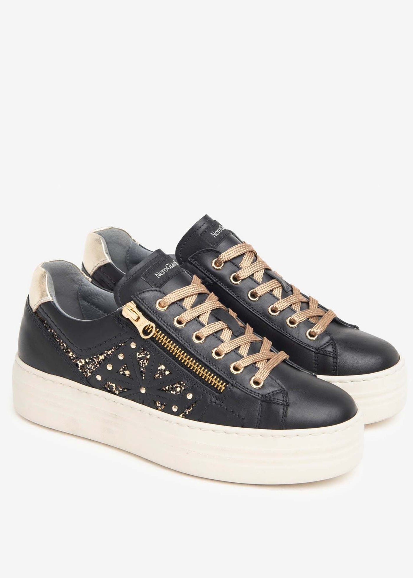 Nero Giardini Lace Up Black Leather Runner with Gold Zip & Stones