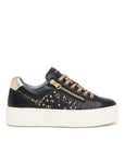 Nero Giardini Lace Up Black Leather Runner with Gold Zip & Stones