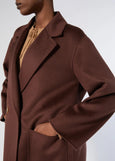 close up front view of plus size Marina Rinaldi Oche Doubleface Wool Lined Double breasted 3/4 Coat in Bordeaux