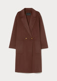 front view of plus size Marina Rinaldi Oche Doubleface Wool Lined Double breasted 3/4 Coat in Bordeaux