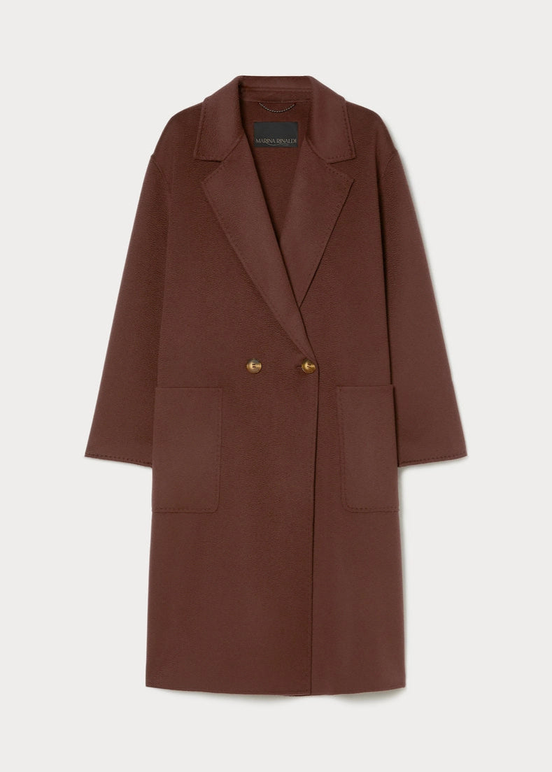 front view of plus size Marina Rinaldi Oche Doubleface Wool Lined Double breasted 3/4 Coat in Bordeaux
