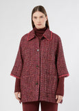 front view of plus size Marina Rinaldi Afro Fringed Trim 3/4 Sleeve Jacket in Cherry Tweed