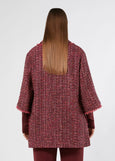 back view of plus size Marina Rinaldi Afro Fringed Trim 3/4 Sleeve Jacket in Cherry Tweed