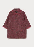 front view of plus size Marina Rinaldi Afro Fringed Trim 3/4 Sleeve Jacket in Cherry Tweed
