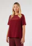 front view of plus size Marina Rinaldi Ennio Silk Crepe de Chine Short Sleeve Top in Cherry