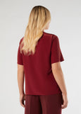 back view of plus size Marina Rinaldi Ennio Silk Crepe de Chine Short Sleeve Top in Cherry