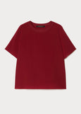 front view of plus size Marina Rinaldi Ennio Silk Crepe de Chine Short Sleeve Top in Cherry