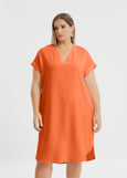 front view of Mat plus size polyester textured air-wash V-neck Short Sleeve Dress in coral