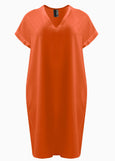 front view of Mat plus size polyester textured air-wash V-neck Short Sleeve Dress in Coral