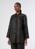 front view of plus size Marina Rinaldi Rupia Floral Tonal Jacquard Evening Jacket in Black