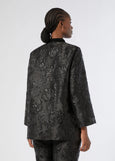 back view of plus size Marina Rinaldi Rupia Floral Tonal Jacquard Evening Jacket in Black
