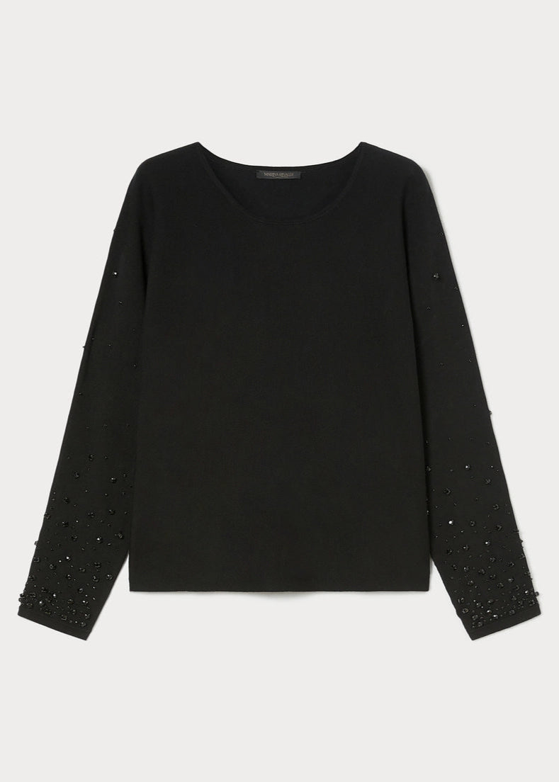 front view of plus size Marina Rinaldi Ravello Viscose Knit Pullover with Embroidery in Black
