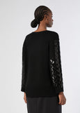 back view of plus size Marina Rinaldi Zac Wool Pullover with Paillettes in Black