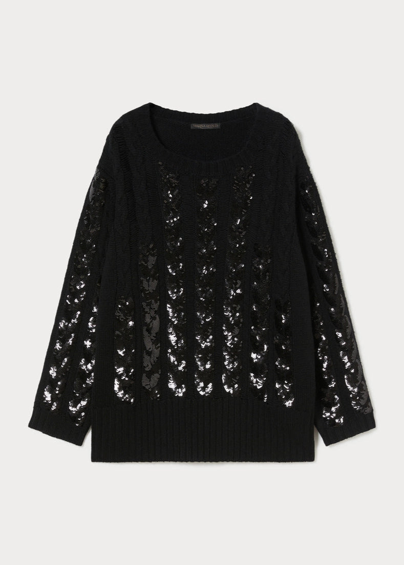 front view of plus size Marina Rinaldi Zac Wool Pullover with Paillettes in Black