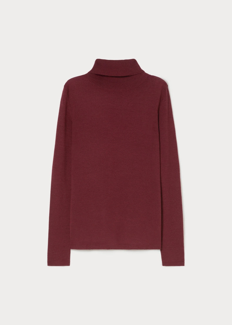 front view of plus size Marina Rinaldi Gondola Silk and Cashmere Long Sleeve Turtleneck in Bordeaux