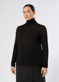 front view of plus size Marina Rinaldi Gondola Silk and Cashmere Long Sleeve Turtleneck in Black