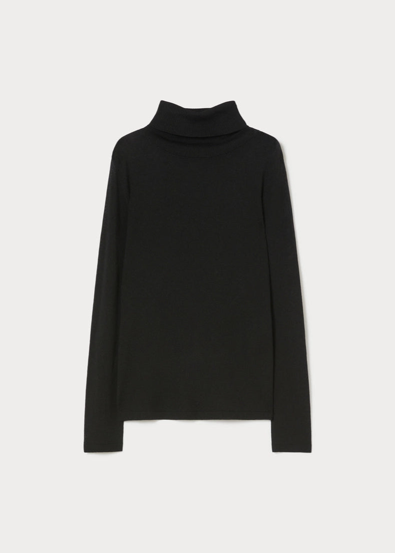 front view of plus size Marina Rinaldi Gondola Silk and Cashmere Long Sleeve Turtleneck in Black