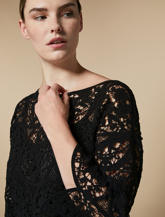 Marina Rinaldi Talco Knit Lace Macrame' Top in Black