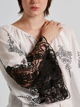 Mat Split Neck Embroidered Peasant Top with Black Lace