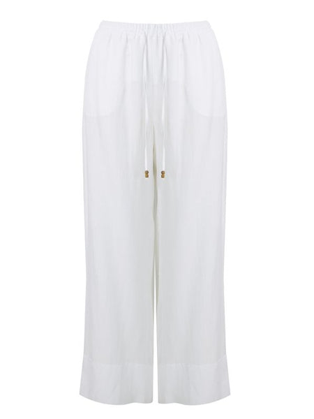 Mat Viscose/Linen Blend Drawstring Pant in White