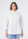 front view of Marina Rinaldi Gela cotton Poplin Embroidered Blouse on model in White