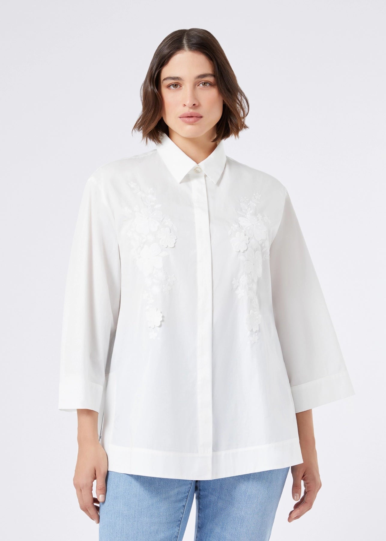 front view of Marina Rinaldi Gela cotton Poplin Embroidered Blouse on model in White