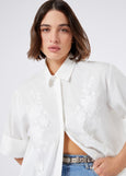 close up front view of Marina Rinaldi Gela cotton Poplin Embroidered Blouse in White
