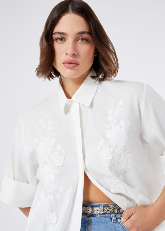 close up front view of Marina Rinaldi Gela cotton Poplin Embroidered Blouse in White