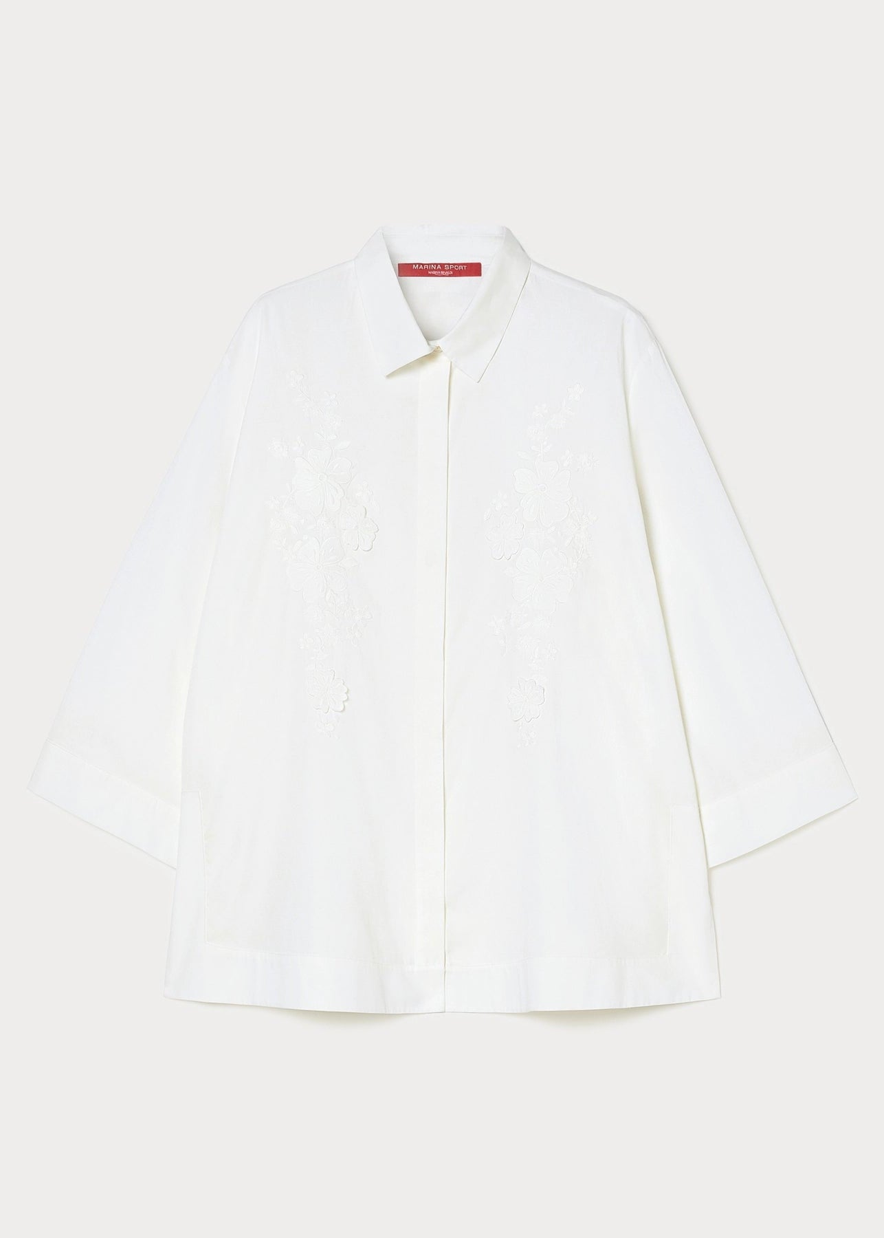 flat front view of Marina Rinaldi Gela cotton Poplin Embroidered Blouse in White