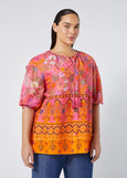 Marina Rinaldi Badess Print Elbow Sleeve cotton Peasant Blouse on plus model in Fuchsia Print