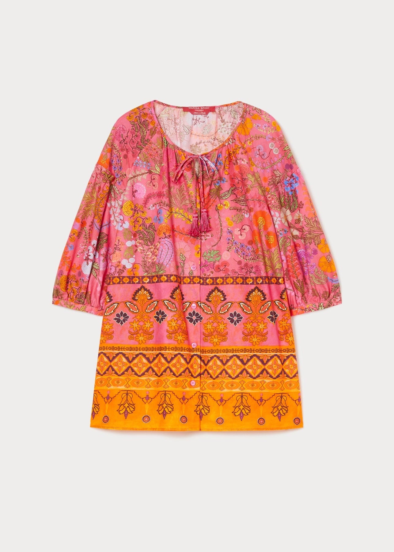 front view of Marina Rinaldi Badess Print Elbow Sleeve cotton Peasant Blouse in plus size Fuchsia Print