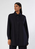 front view of plus size Marina Rinaldi Yanina Stretch Knit Long Sleeve Shirt Jacket in Midnight