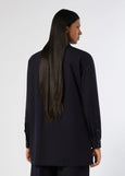 back view of plus size Marina Rinaldi Yanina Stretch Knit Long Sleeve Shirt Jacket in Midnight