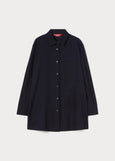 front view of plus size Marina Rinaldi Yanina Stretch Knit Long Sleeve Shirt Jacket in Midnight
