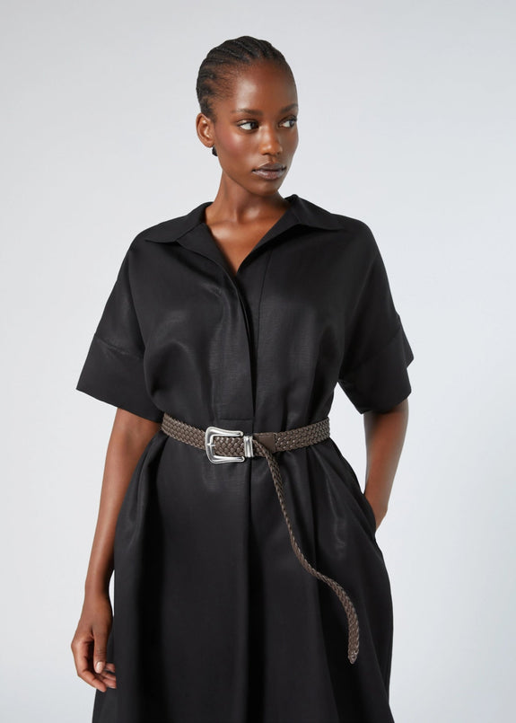 front view of Marina Rinaldi Farsa A-Line Linen blend Dress with Placket and Collar styled with belt on plus model in Black