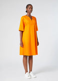 side front view of Marina Rinaldi Sacco Elbow Sleeve A-line Linen blend Dress on plus model in Orange