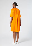 back view of Marina Rinaldi Sacco Elbow Sleeve A-line Linen blend Dress on model in Orange