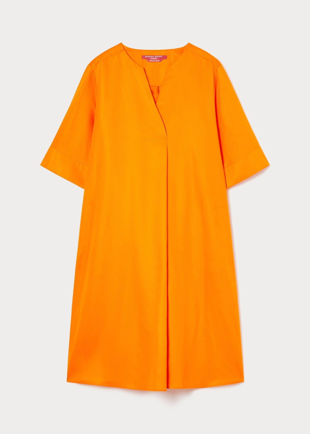 flat front view of Marina Rinaldi Sacco Elbow Sleeve A-line Linen blend Dress in Orange