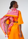 Marina Rinaldi Sacco Elbow Sleeve A-line Linen blend Dress on plus model styled with print scarf/wrap in Orange