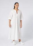 front view of Marina Rinaldi Opossum Split Neck Embroidered cotton Long Dress on plus model in White