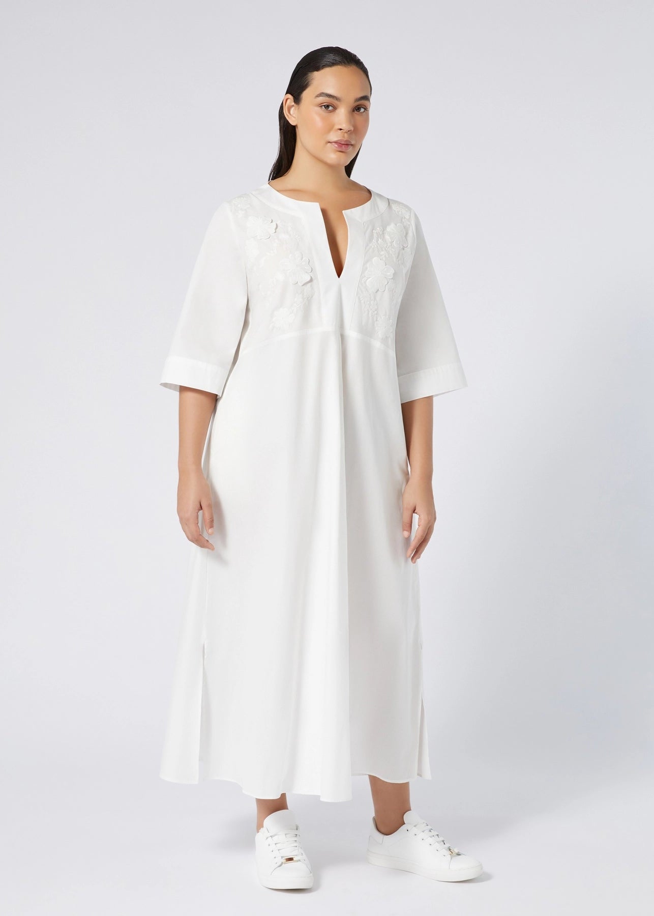 front view of Marina Rinaldi Opossum Split Neck Embroidered cotton Long Dress on plus model in White