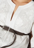 close up of Marina Rinaldi Opossum Split Neck Embroidered cotton Long Dress in White