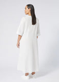 back view of Marina Rinaldi Opossum Split Neck Embroidered cotton Long Dress on plus model in White