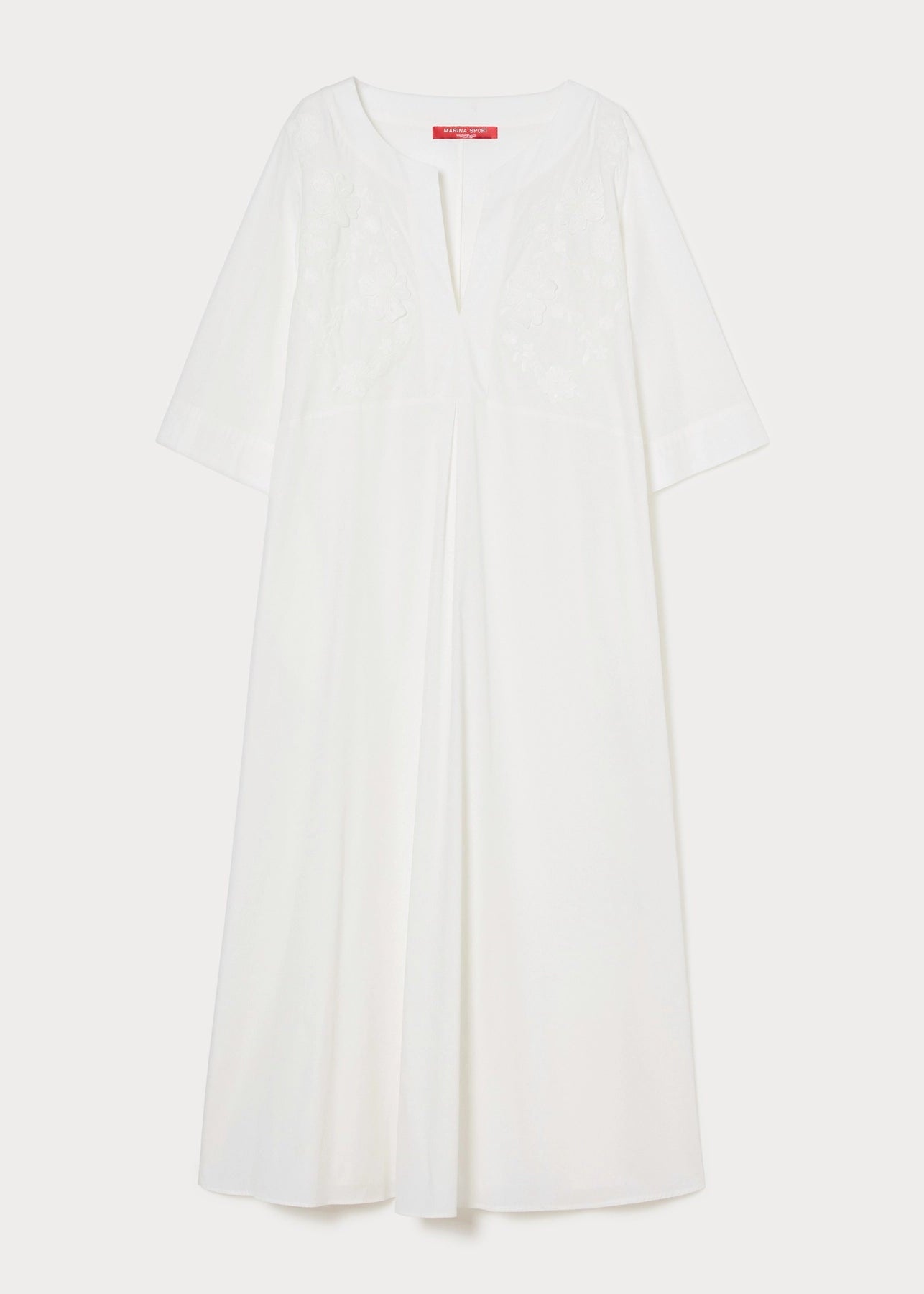 front flat view of Marina Rinaldi Opossum Split Neck Embroidered cotton Long Dress in White